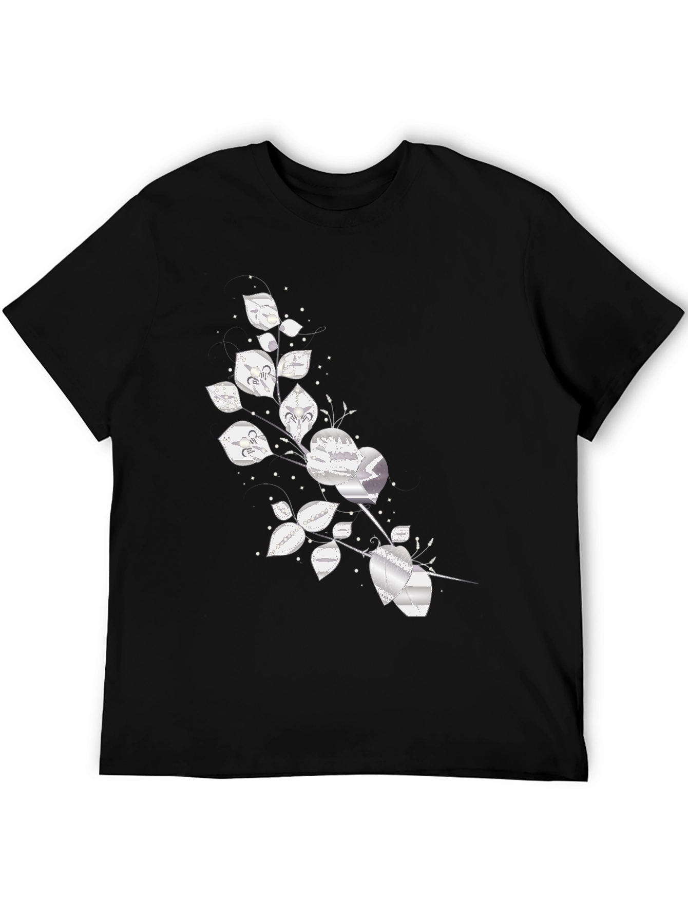 Silver Floral Design Black Tee