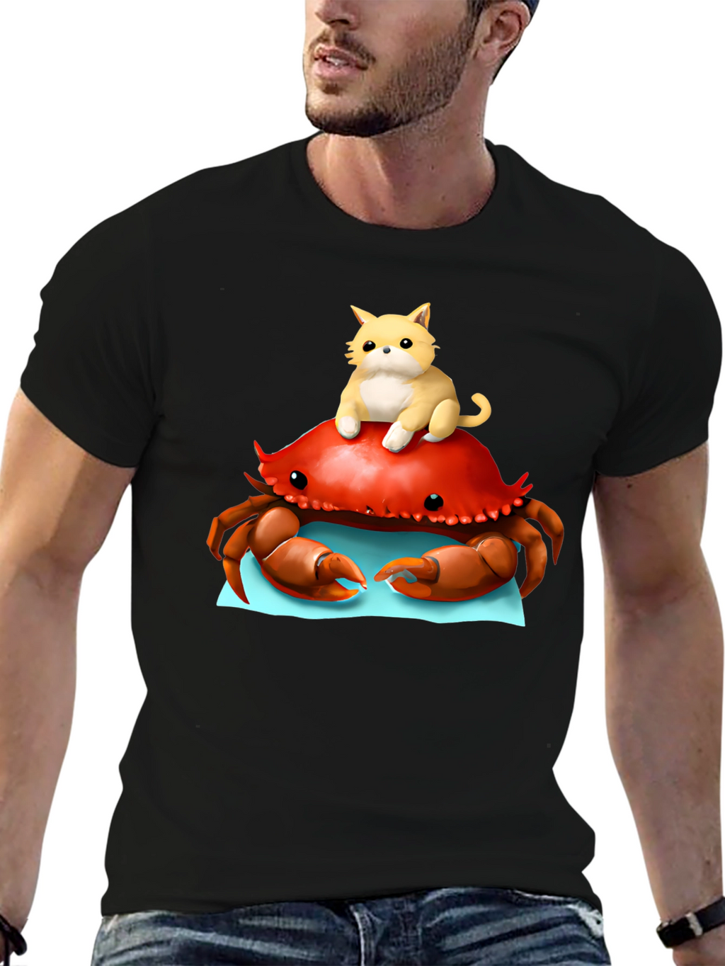Crab & Cat Graphic Tee - Unique Black T-Shirt