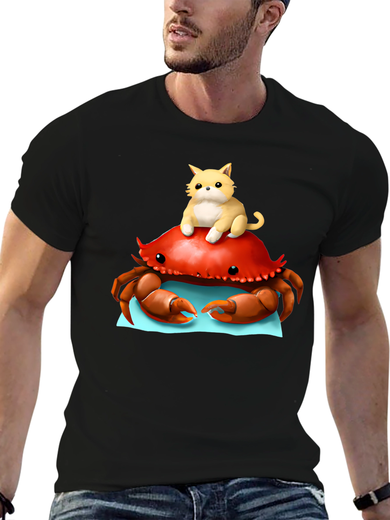 Crab & Cat Graphic Tee - Unique Black T-Shirt