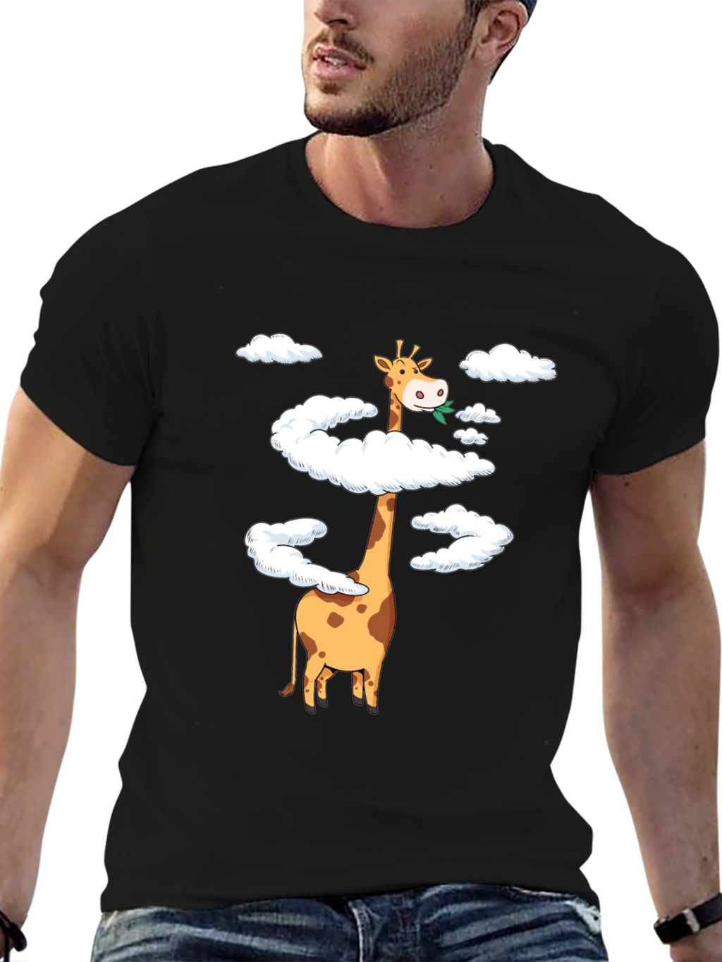 Giraffe in Clouds Graphic Tee - Black Cotton T-Shirt