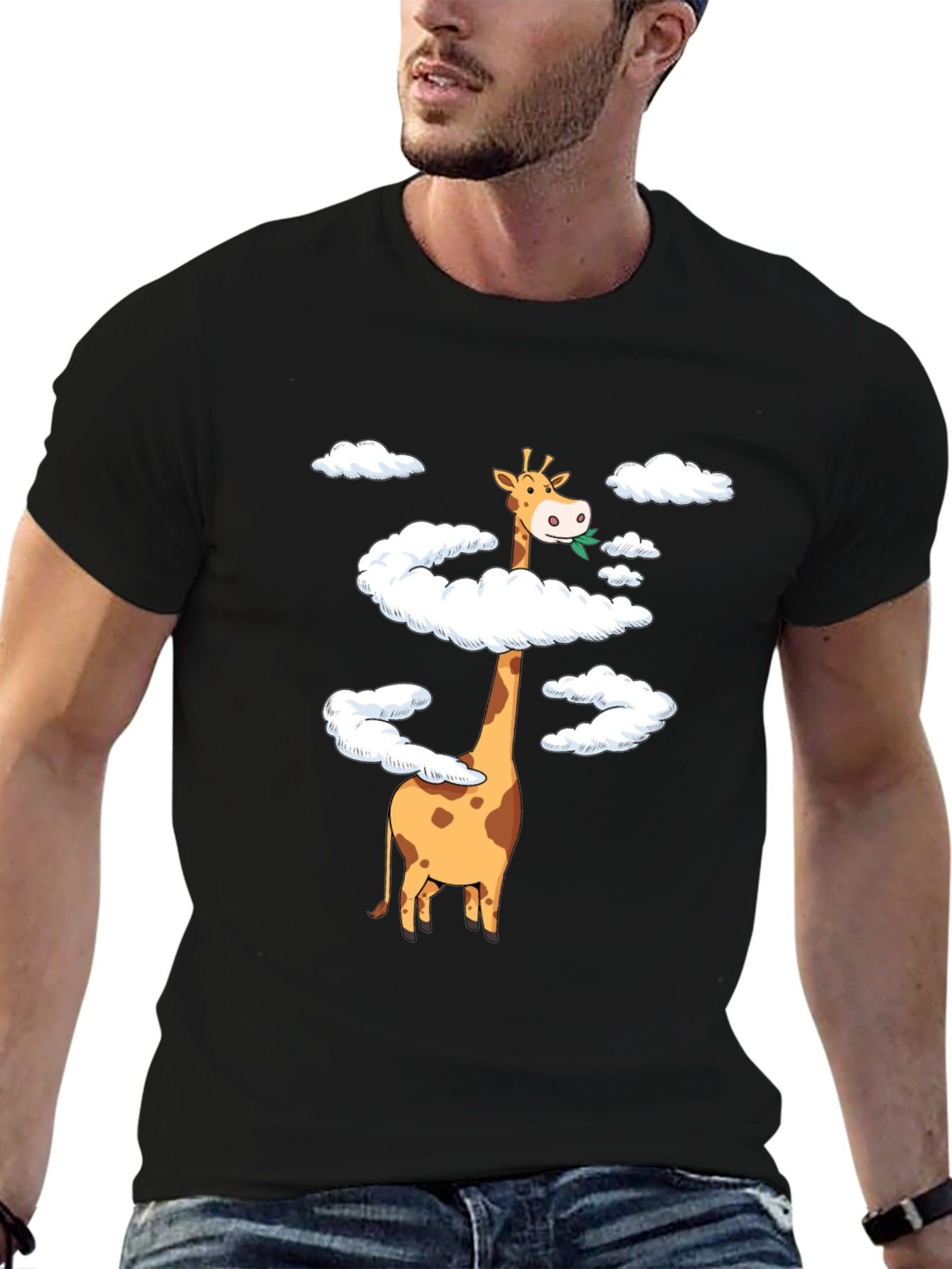 Giraffe in Clouds Graphic Tee - Black Cotton T-Shirt