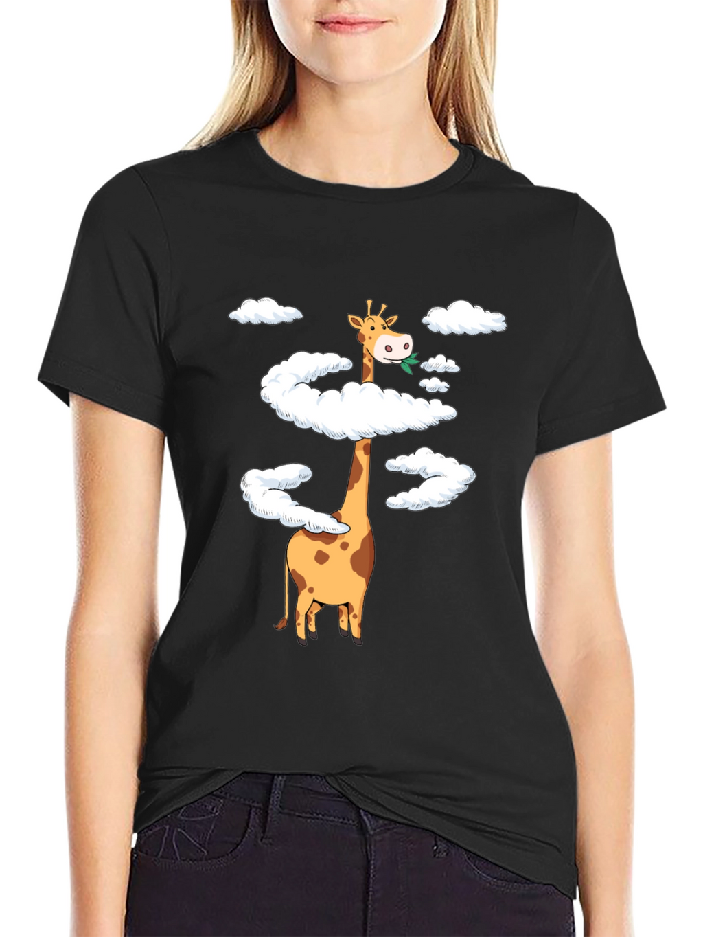 Giraffe in Clouds Graphic Tee - Black Cotton T-Shirt