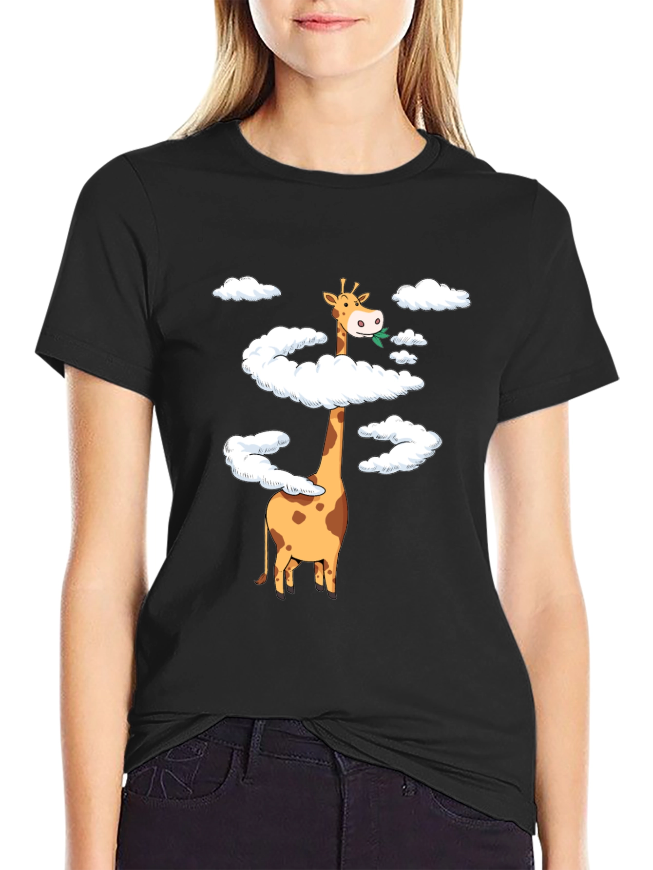 Giraffe in Clouds Graphic Tee - Black Cotton T-Shirt