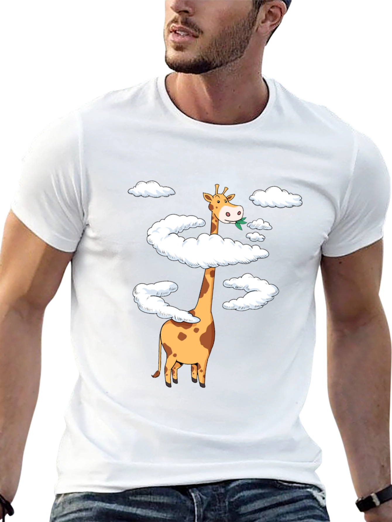 Giraffe in Clouds Graphic Tee - Black Cotton T-Shirt