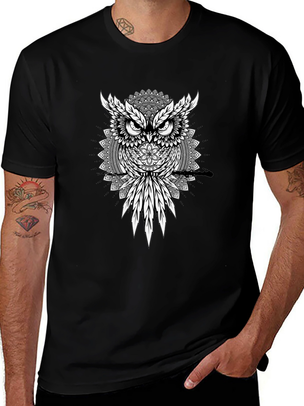 Owl Mandala Graphic Print Mens T-Shirt