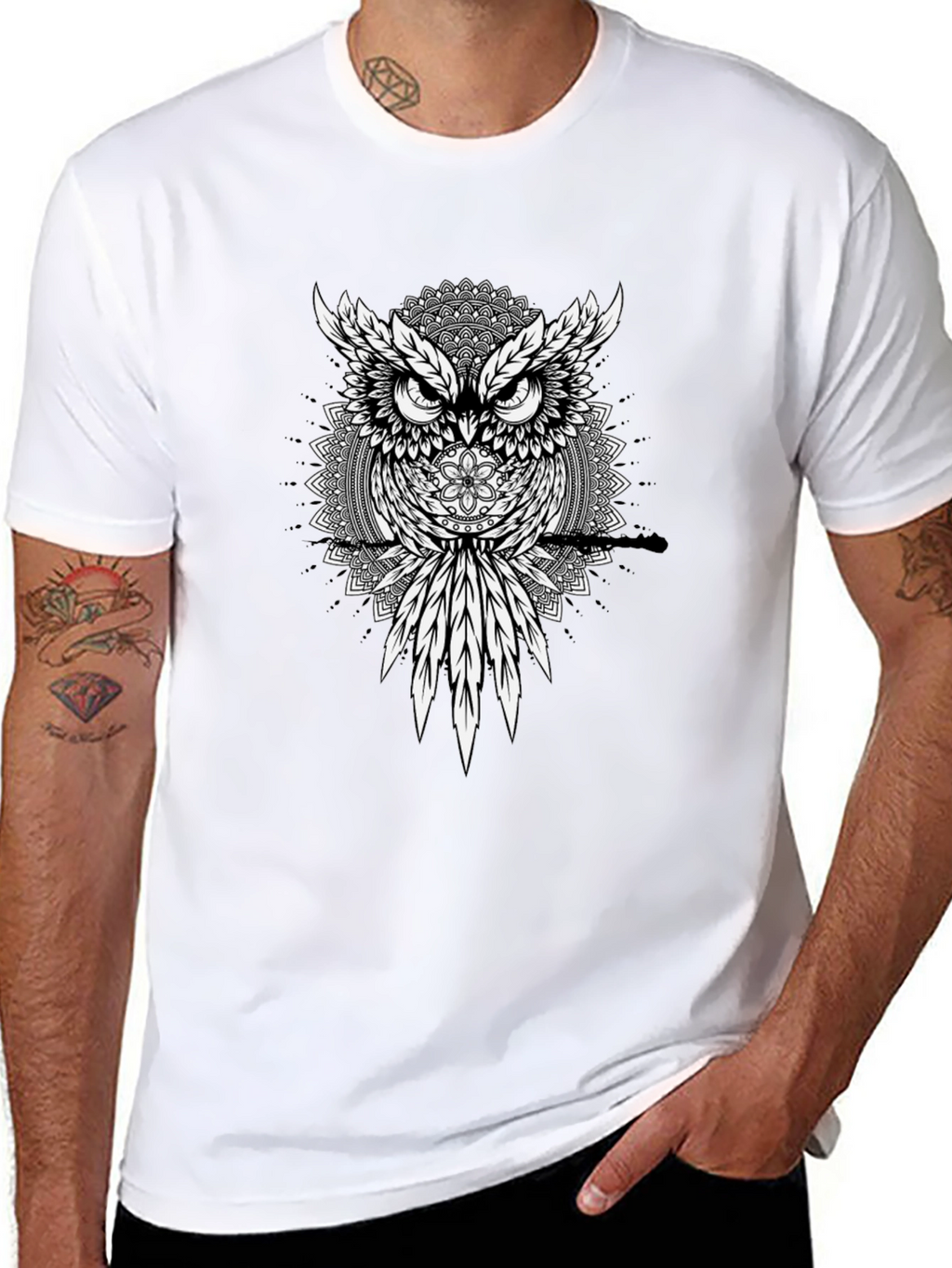 Owl Mandala Graphic Print Mens T-Shirt