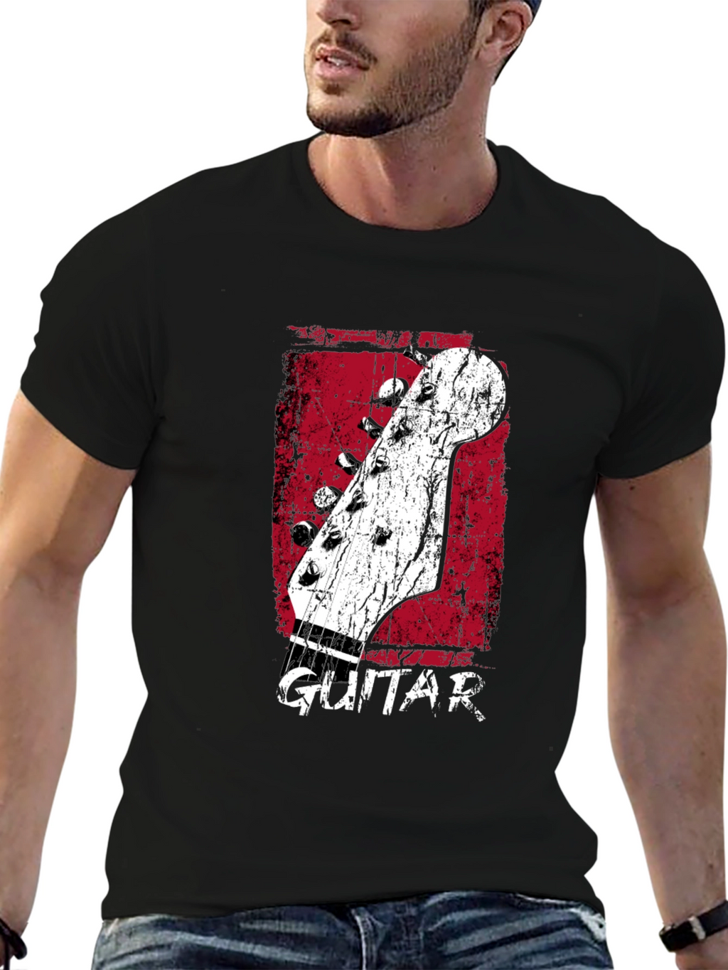 Retro Guitar Headstock Graphic T-Shirt - Black