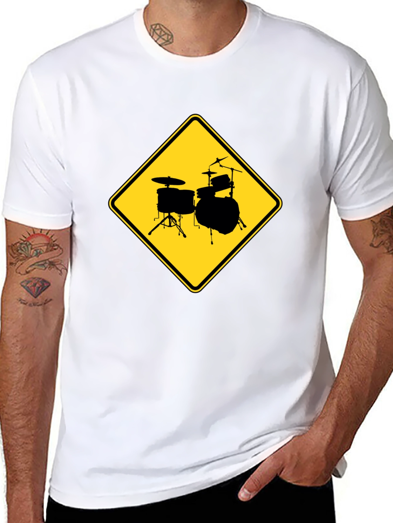 Drum Set Ahead T-Shirt - Musician Road Sign