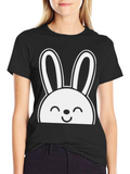 Cute Bunny Graphic Tee - Black Cotton T-Shirt