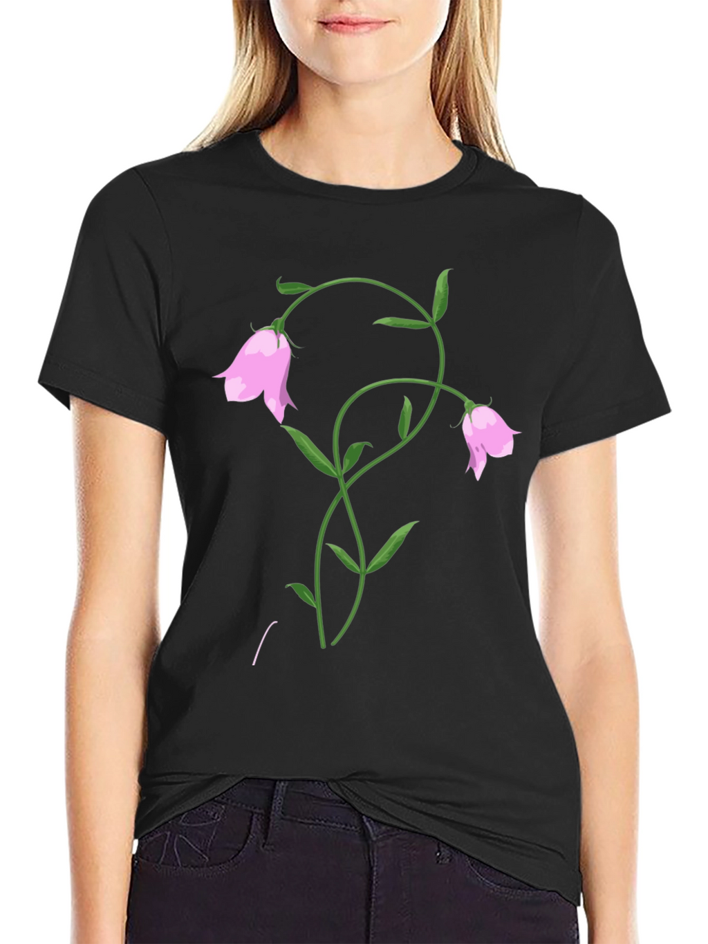 Floral Bell Black T-Shirt - Stylish Botanical Design
