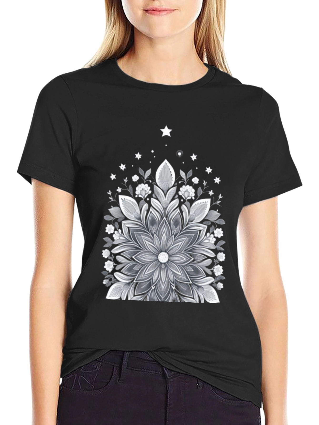Floral Mandala Graphic Tee - Black Cotton Blend