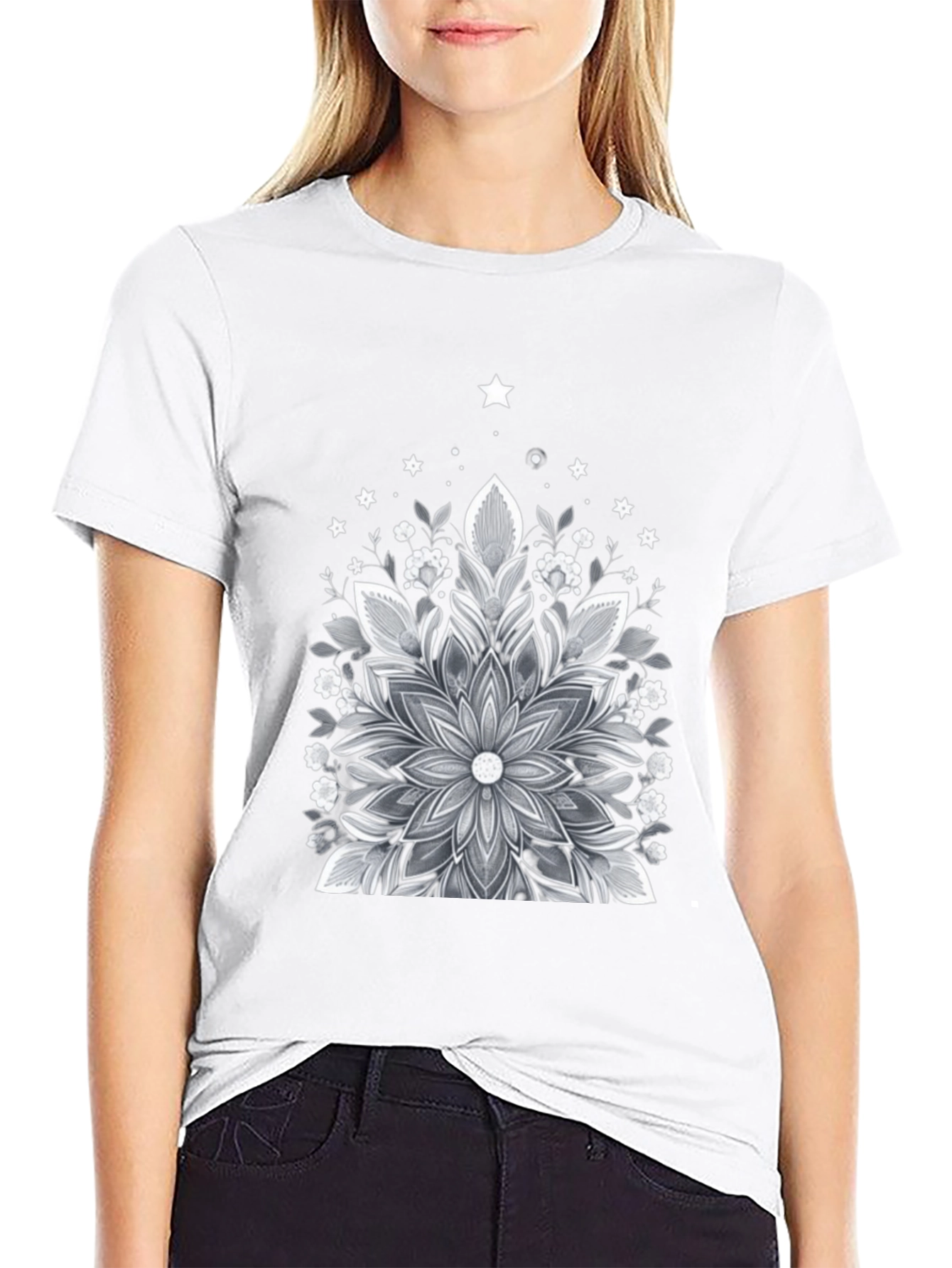 Floral Mandala Graphic Tee - Black Cotton Blend