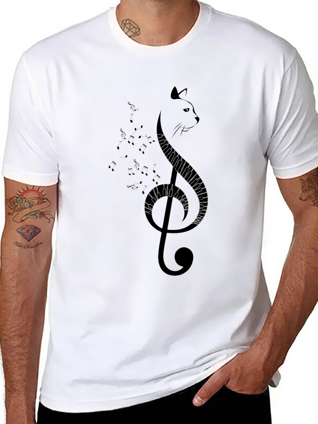 Musical Cat Graphic Tee - Black Cotton T-Shirt
