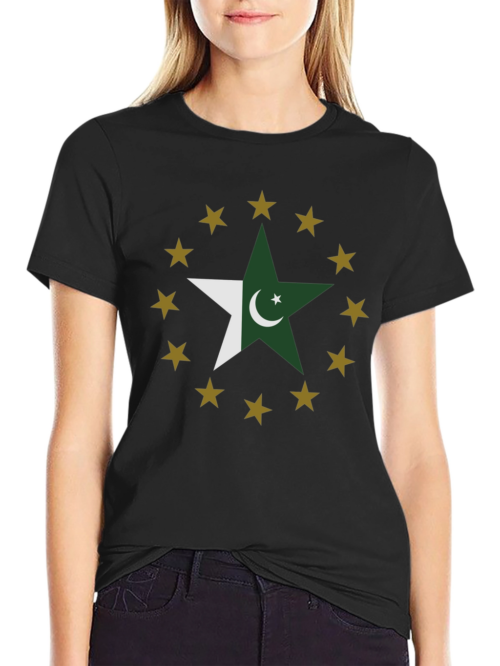 Pakistan Flag Star Graphic Tee - Black Cotton T-Shirt