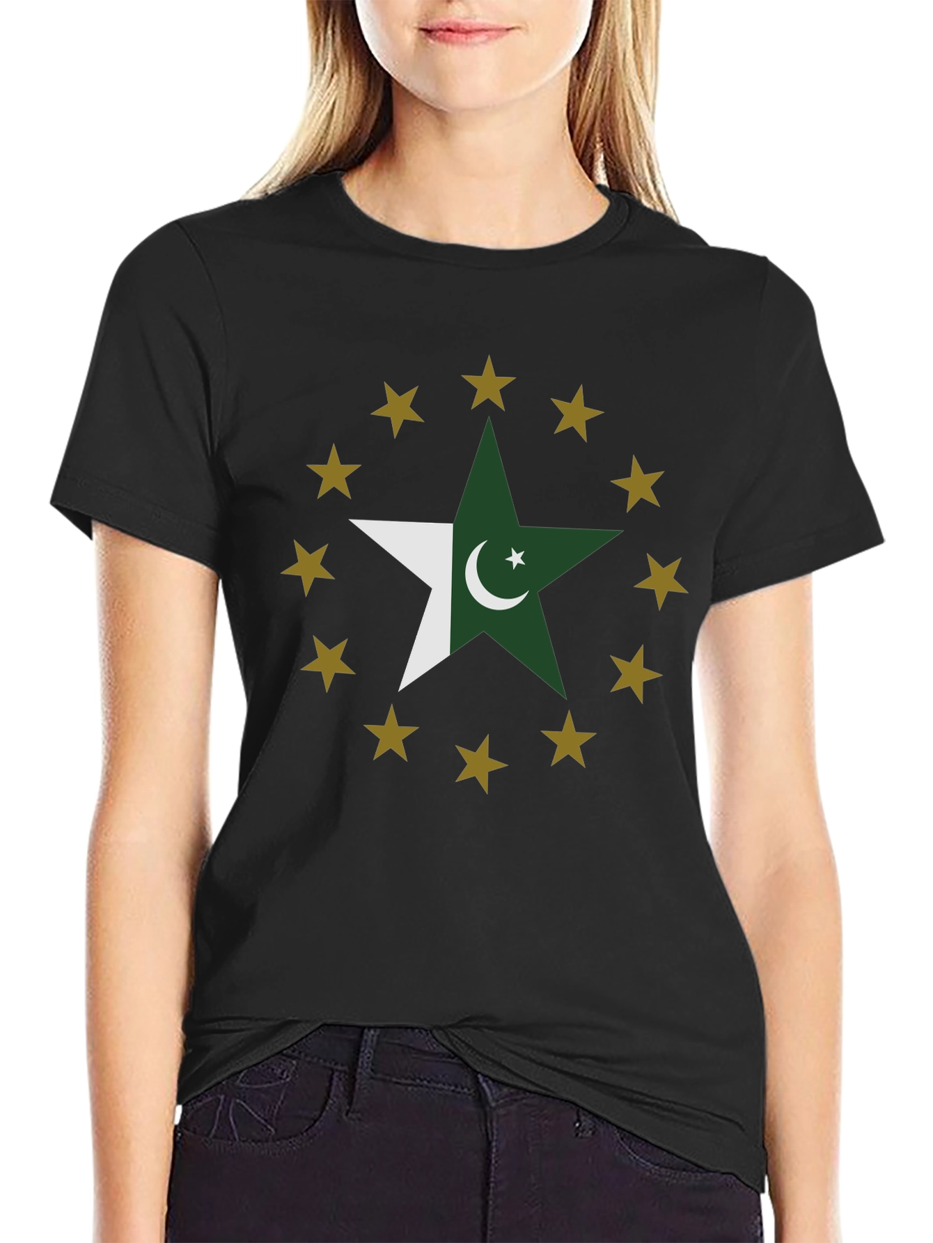 Pakistan Flag Star Graphic Tee - Black Cotton T-Shirt