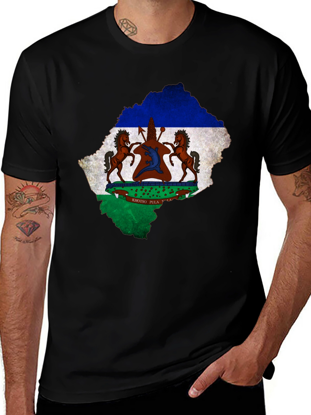 Lesotho Flag Map T-Shirt Black Cotton Tee