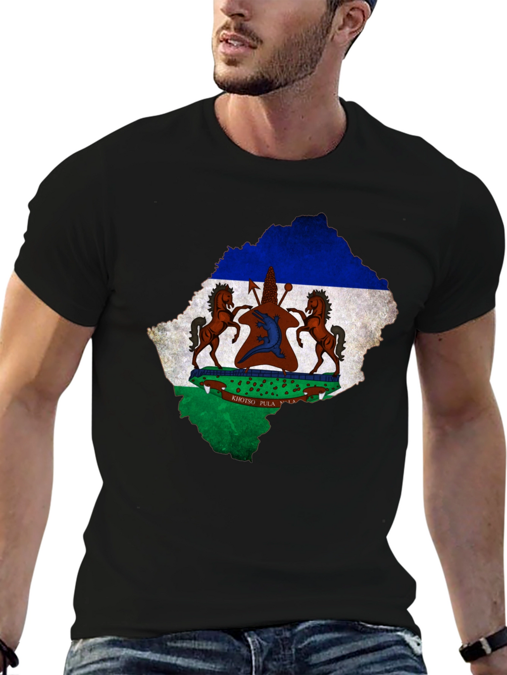 Lesotho Flag Map T-Shirt Black Cotton Tee