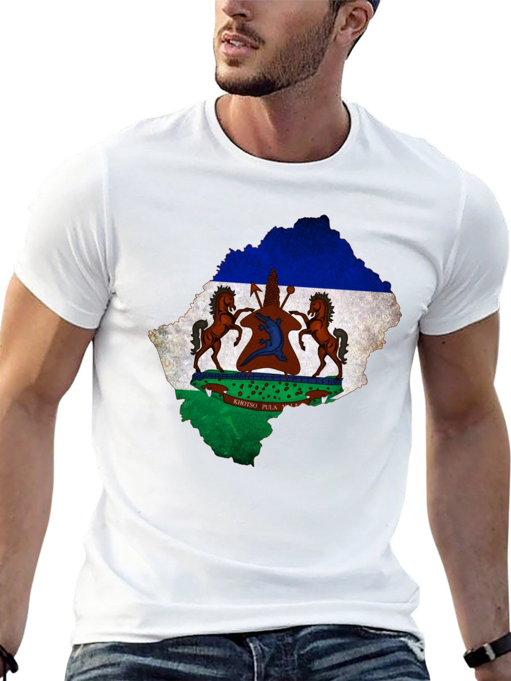 Lesotho Flag Map T-Shirt Black Cotton Tee
