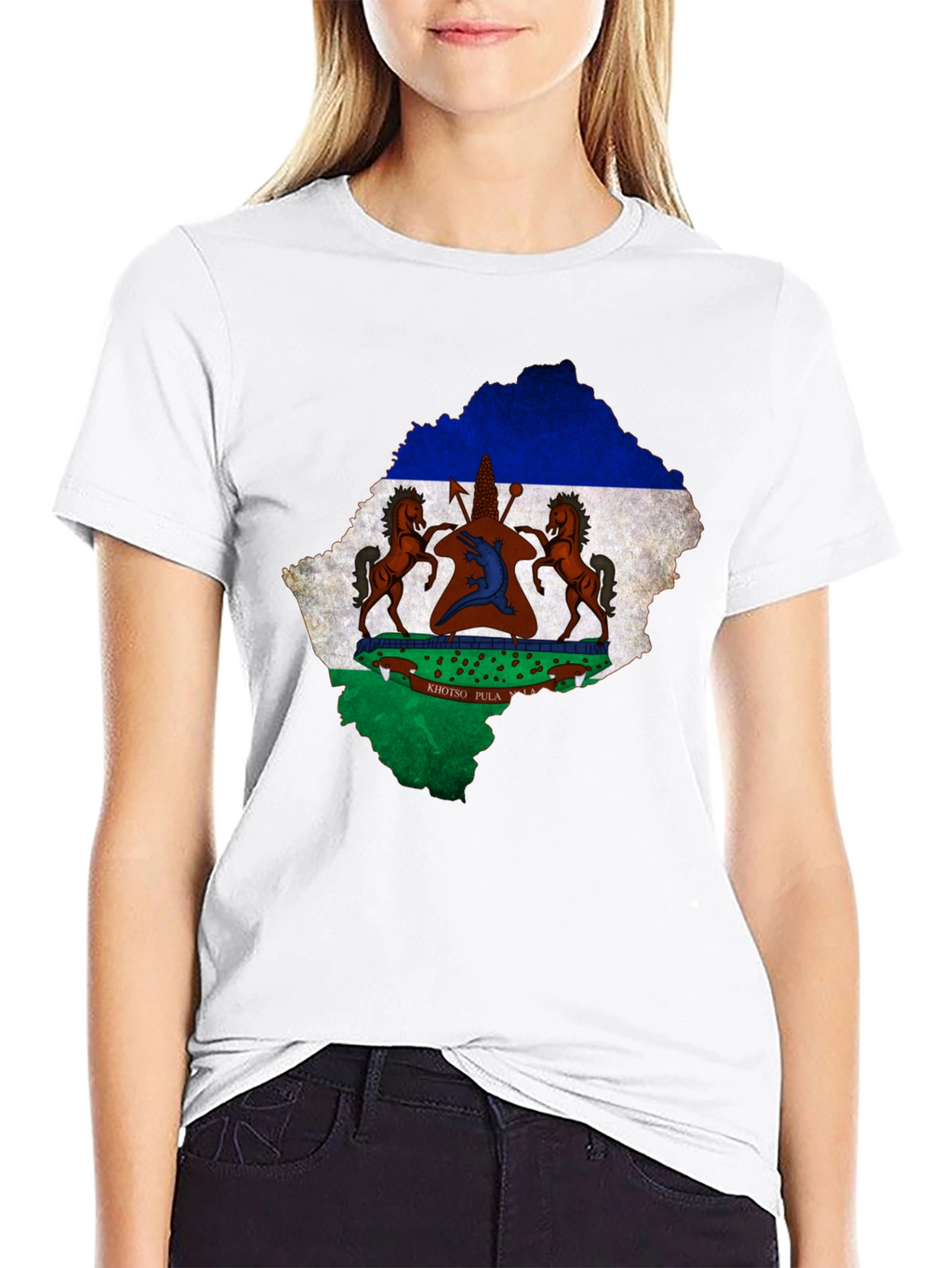 Lesotho Flag Map T-Shirt Black Cotton Tee