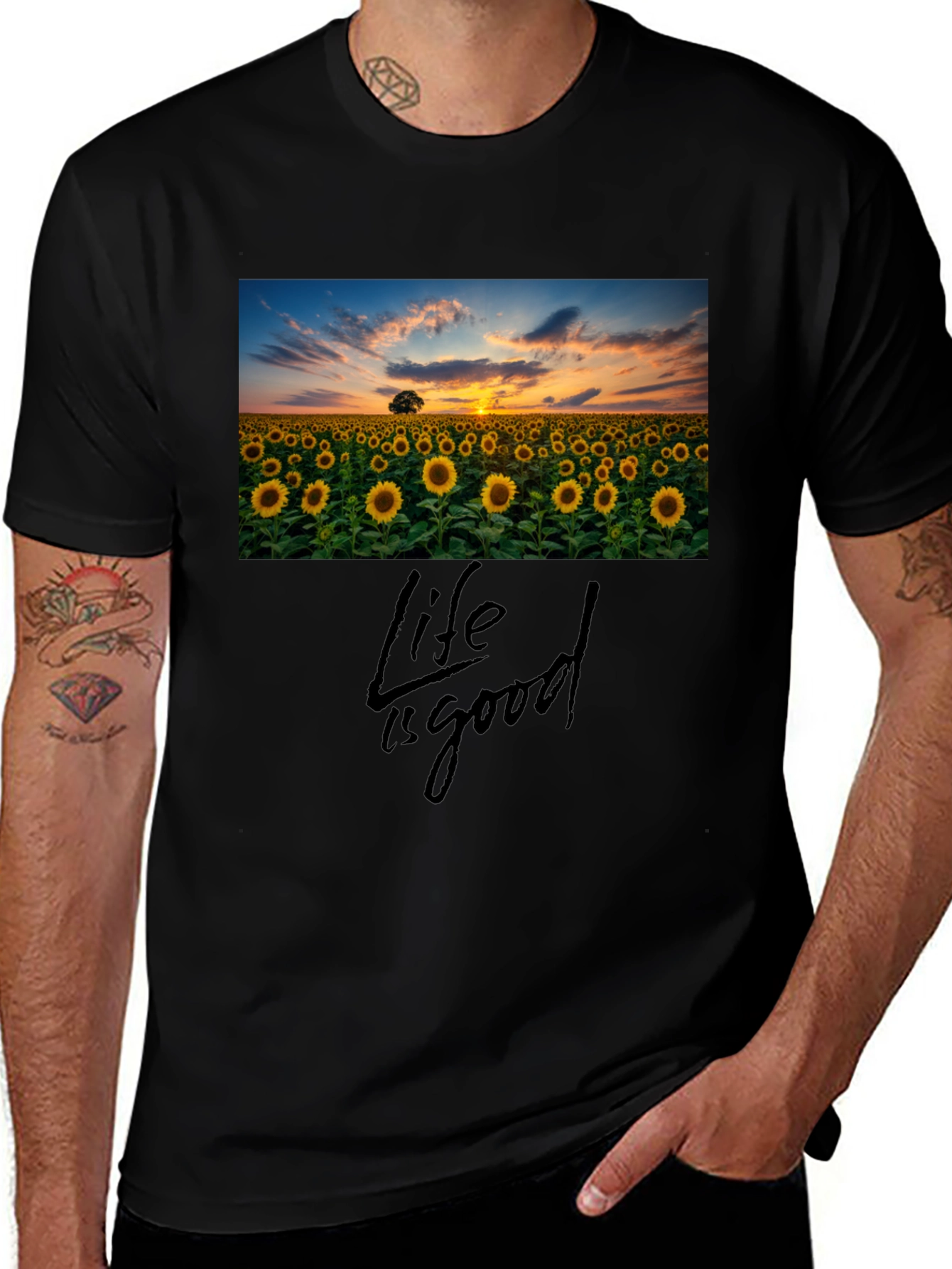 Sunflower Field Life is Good Black T-Shirt