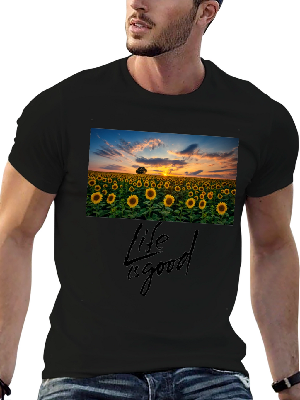 Sunflower Field Life is Good Black T-Shirt