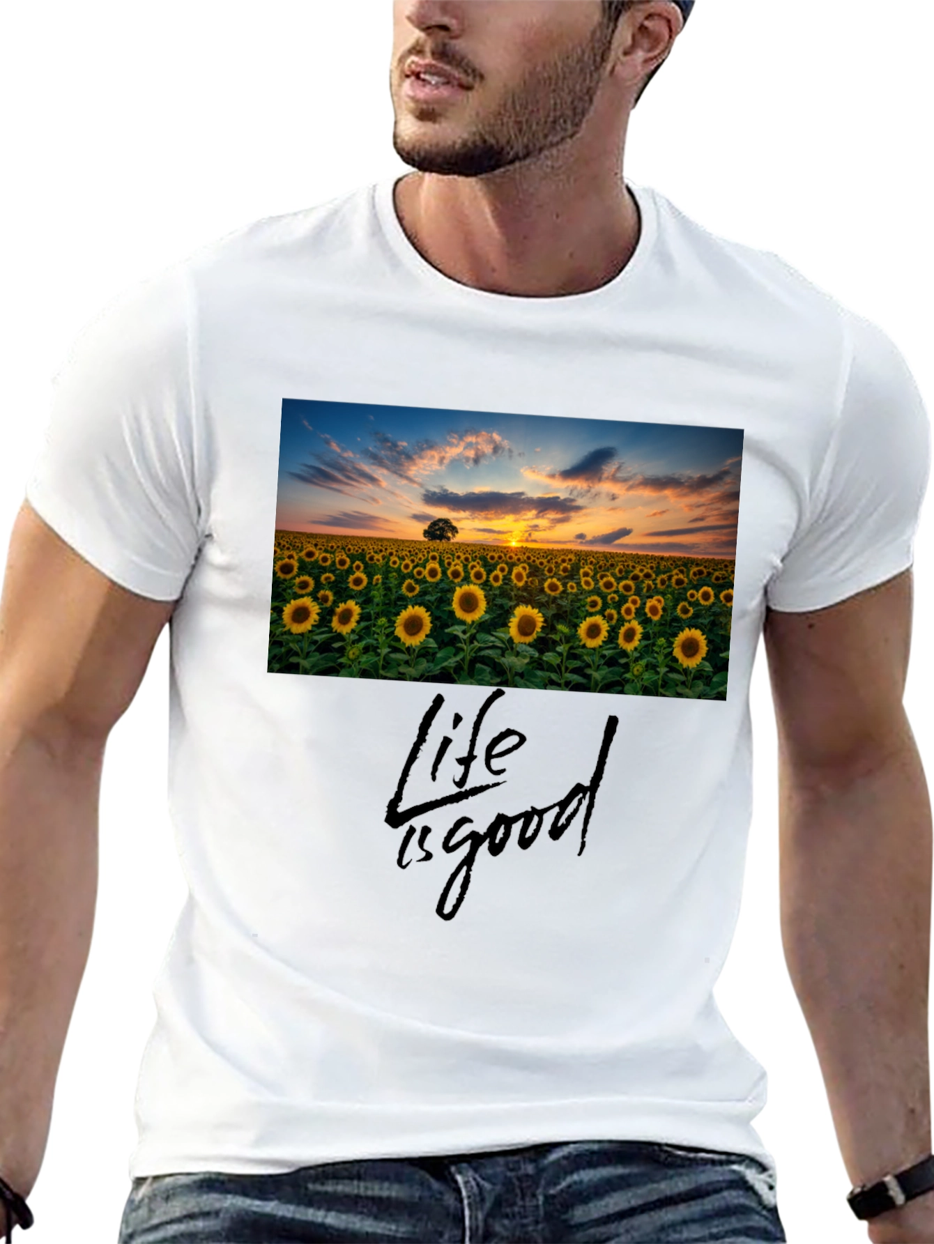 Sunflower Field Life is Good Black T-Shirt