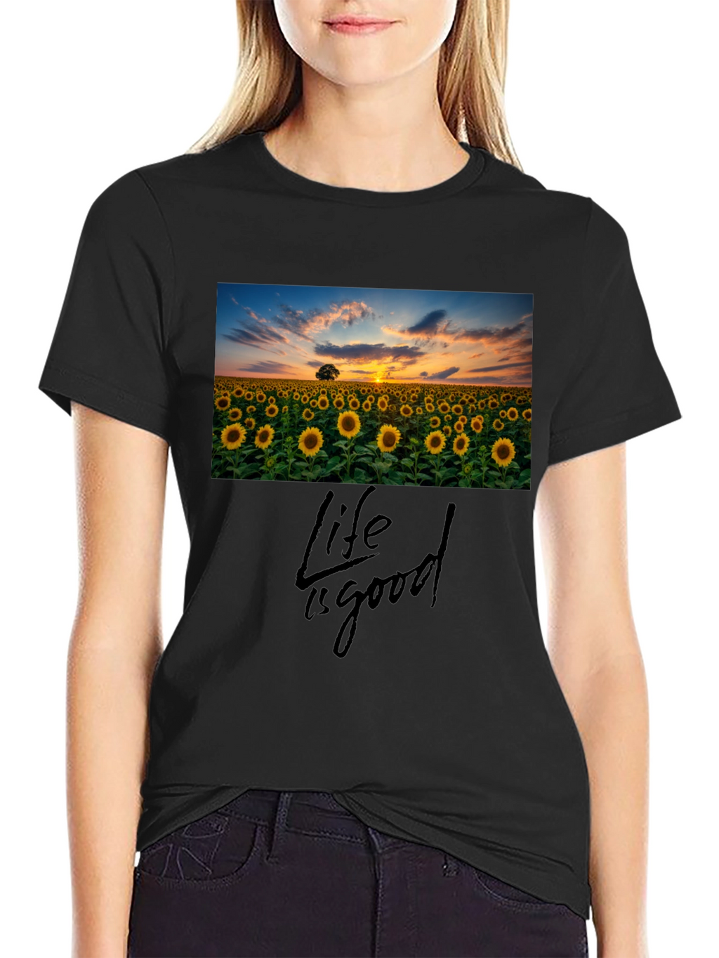 Sunflower Field Life is Good Black T-Shirt