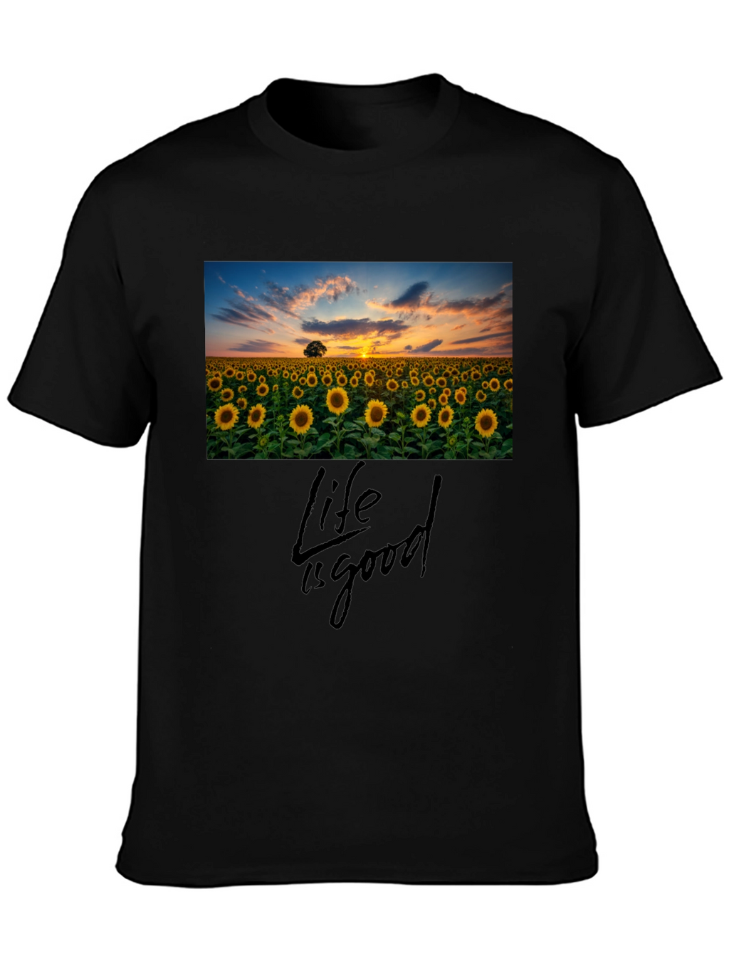 Sunflower Field Life is Good Black T-Shirt
