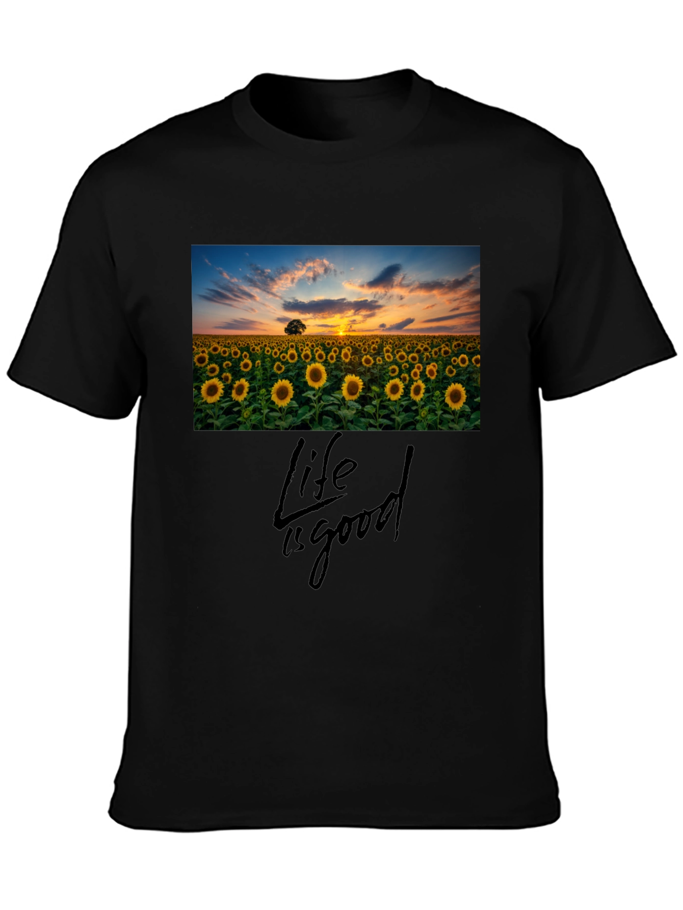 Sunflower Field Life is Good Black T-Shirt