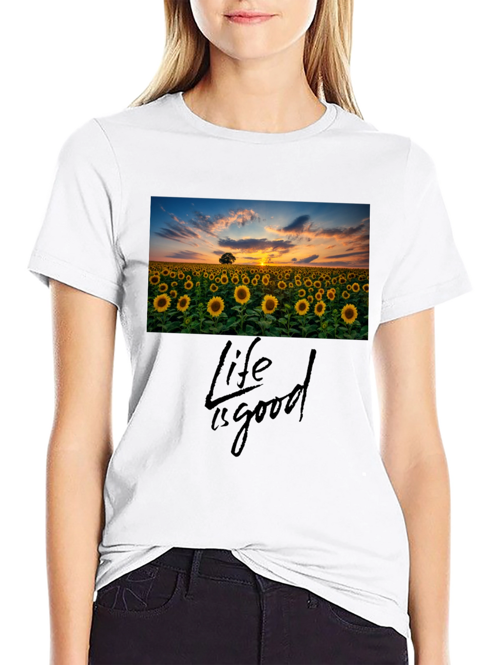Sunflower Field Life is Good Black T-Shirt