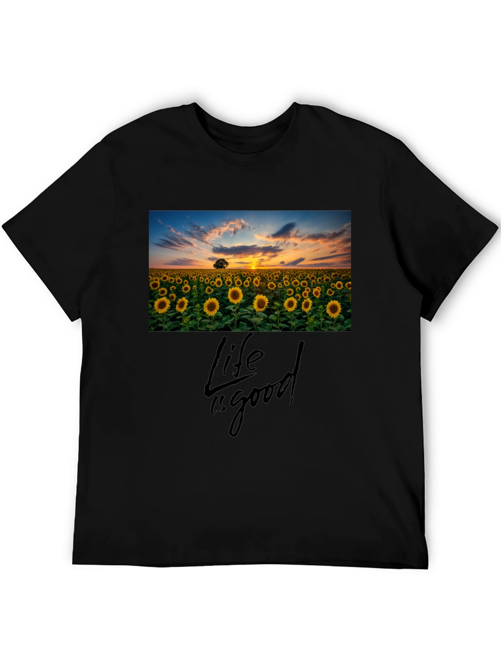 Sunflower Field Life is Good Black T-Shirt