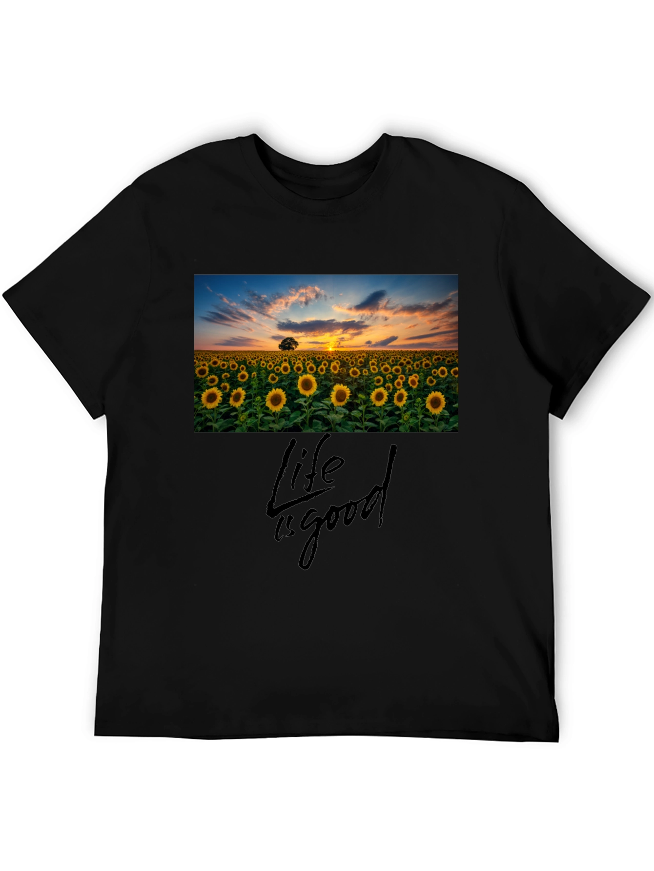Sunflower Field Life is Good Black T-Shirt