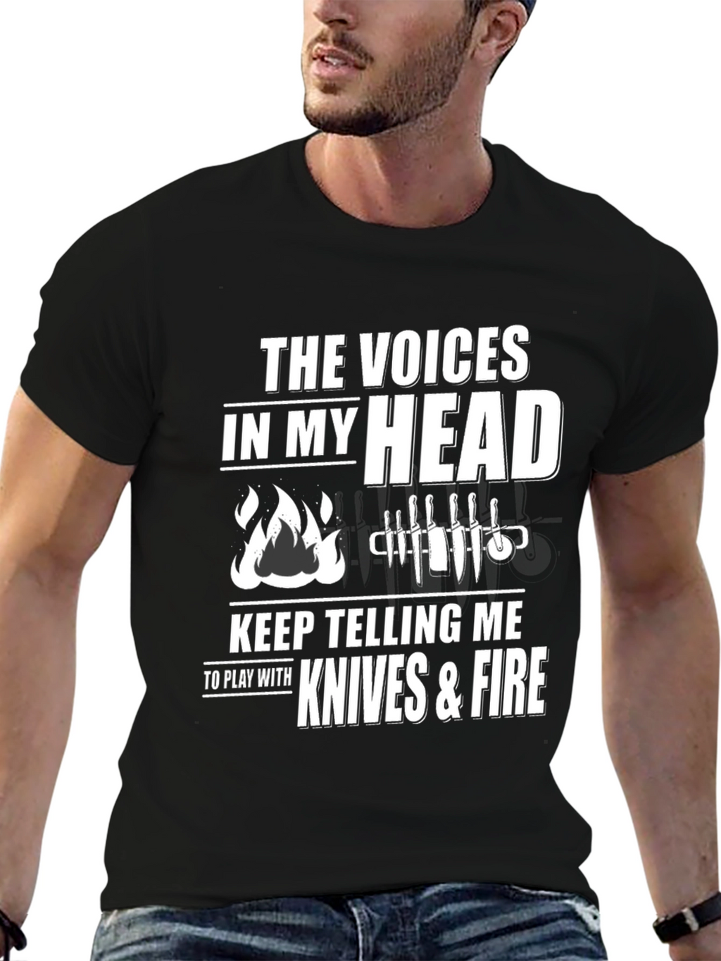 Voices in My Head Knives & Fire Black T-Shirt