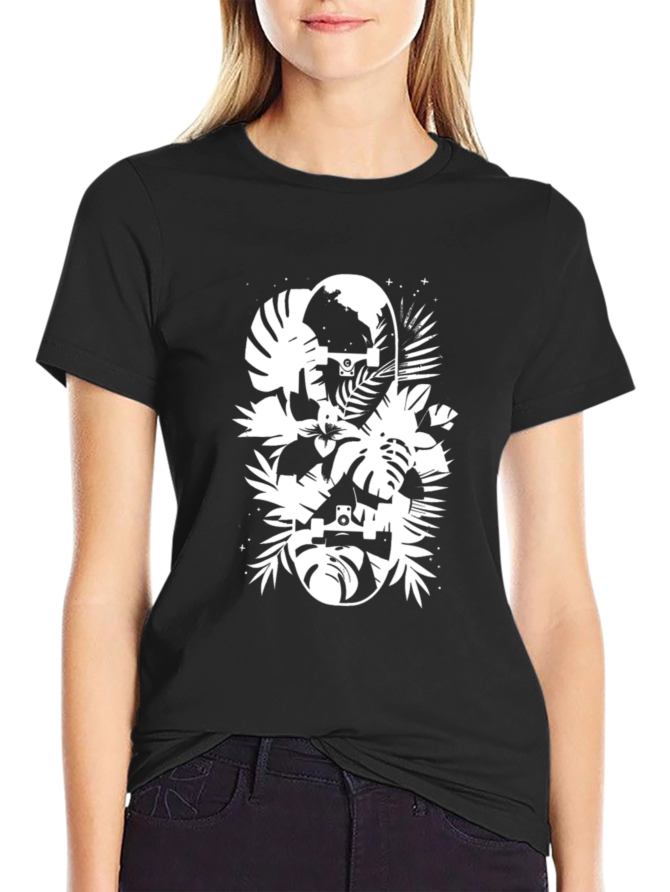 Tropical Skateboard Graphic T-Shirt - Black