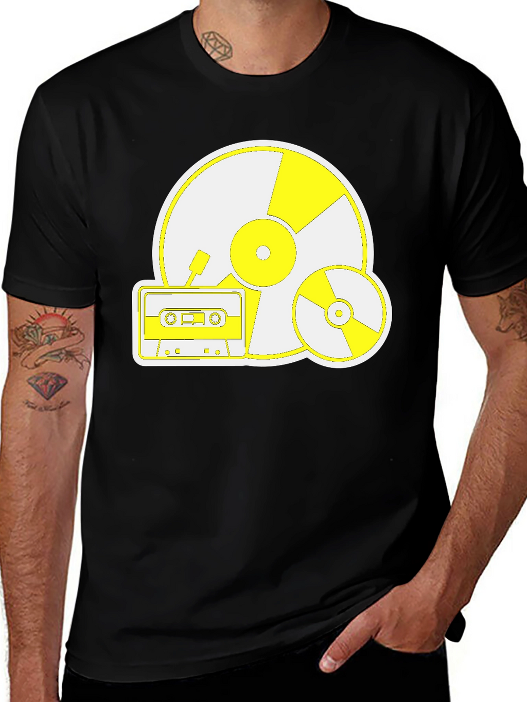 Retro Music Tee: Vinyl CD and Cassette Design