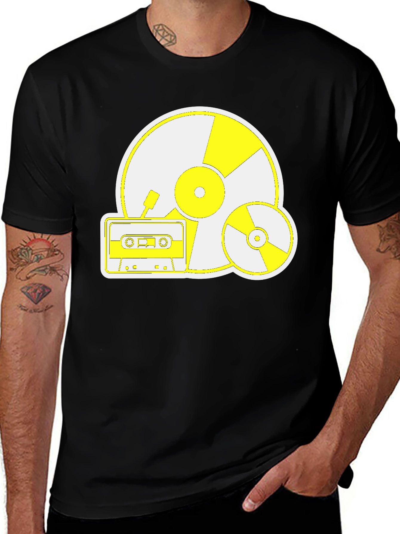 Retro Music Tee: Vinyl CD and Cassette Design