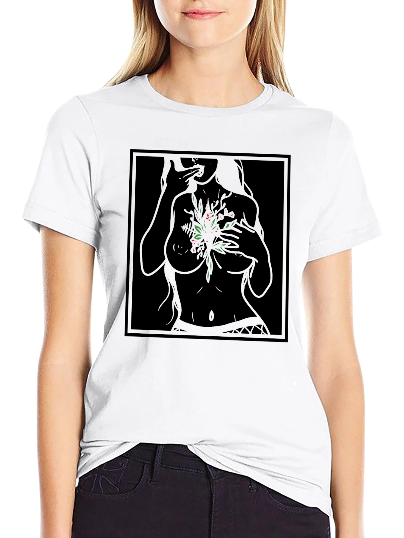 Botanical Woman Graphic Black T-Shirt
