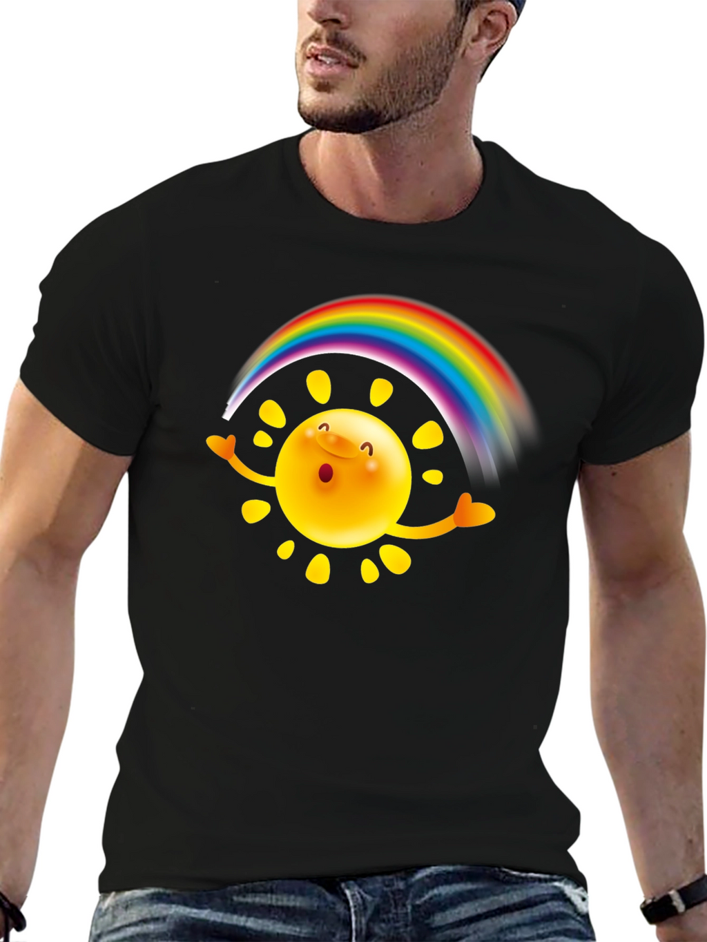 Rainbow Sun Graphic T-Shirt - Black Cotton Tee
