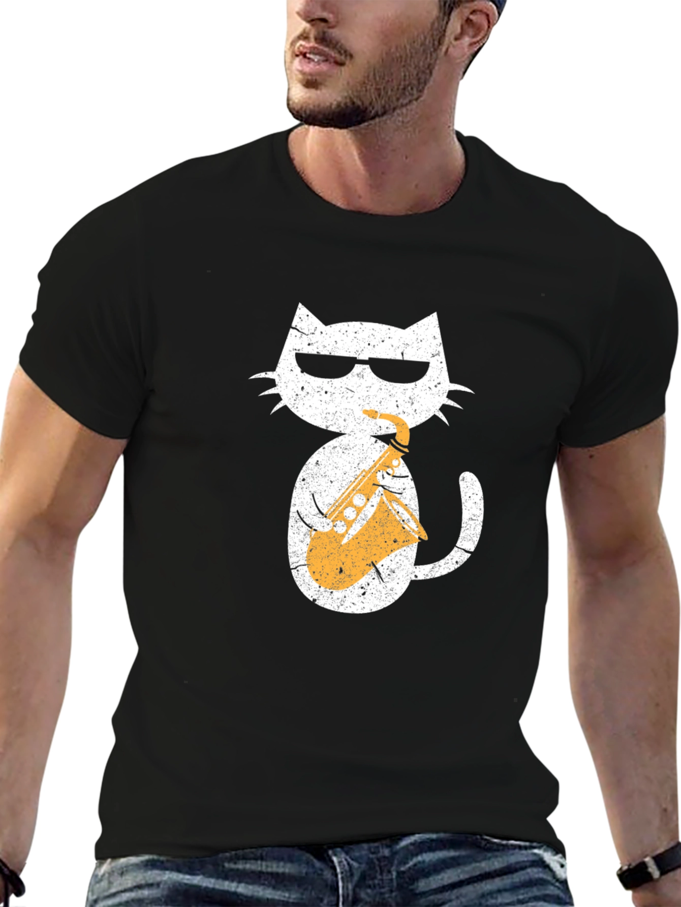 Cool Cat Saxophone Graphic Tee - Black
