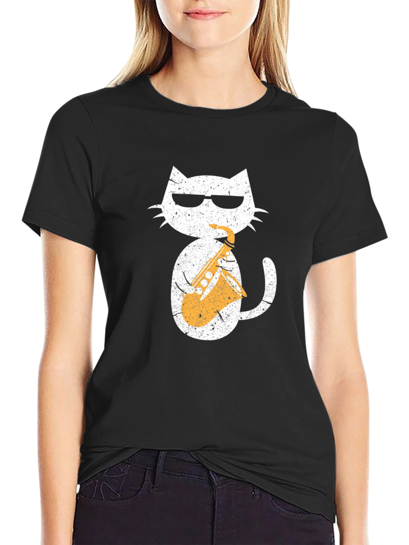 Cool Cat Saxophone Graphic Tee - Black