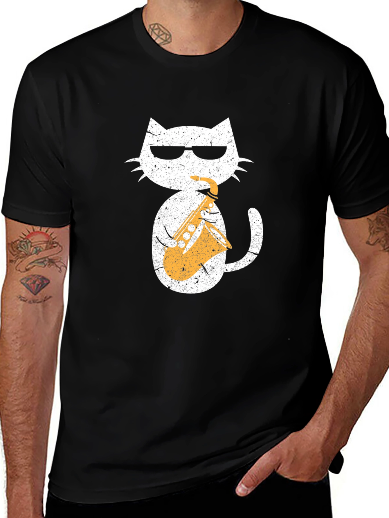 Cool Cat Saxophone Graphic Tee - Black