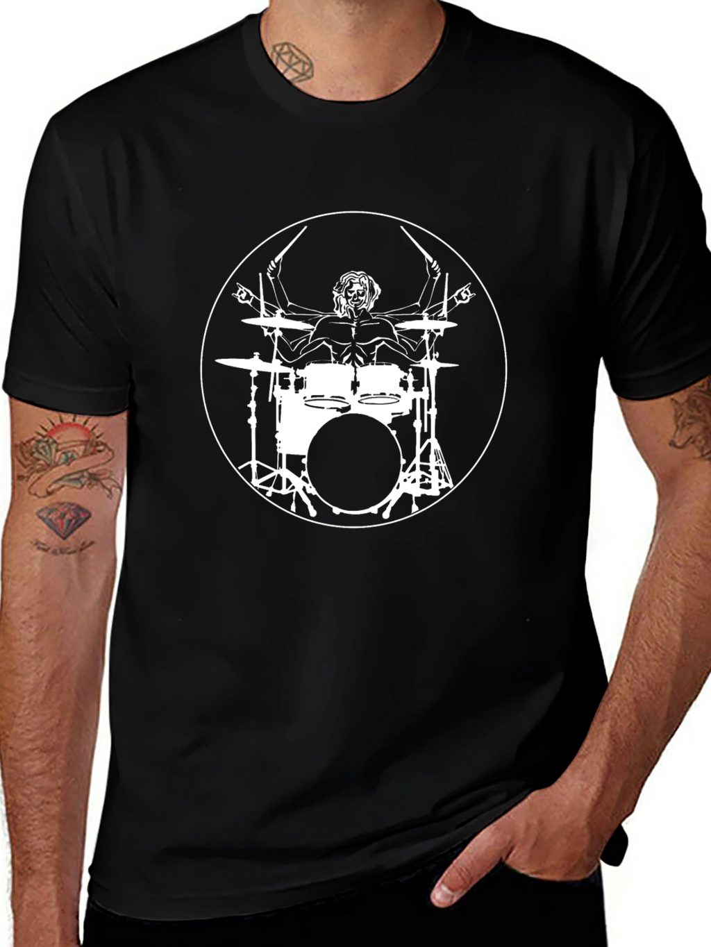 Drummer Vitruvian Man Black T-Shirt