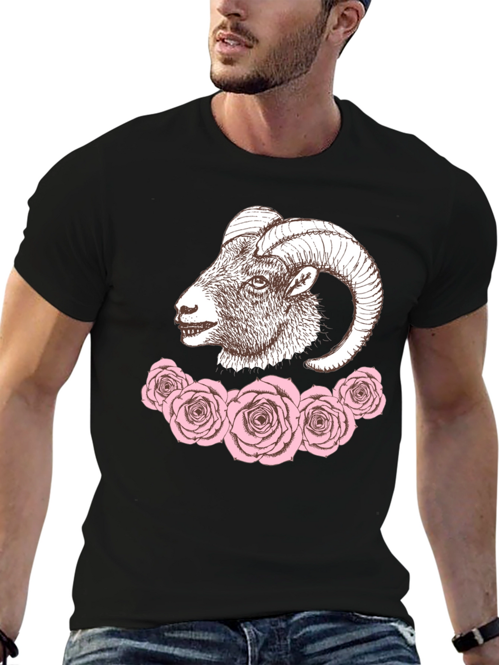 Ram & Roses Graphic Tee - Stylish Black T-Shirt