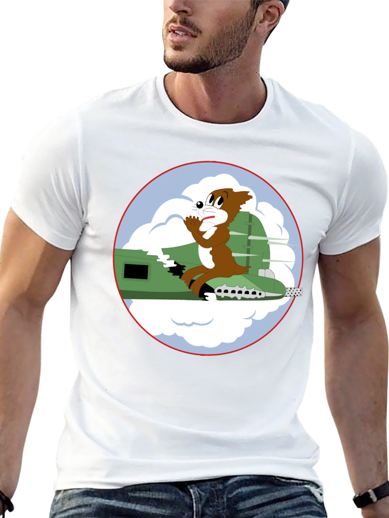 Cartoon Bomber Plane Graphic Tee - Black