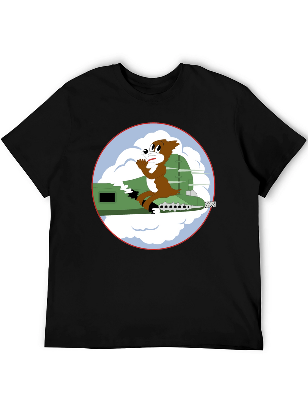 Cartoon Bomber Plane Graphic Tee - Black