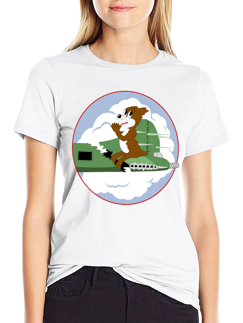 Cartoon Bomber Plane Graphic Tee - Black