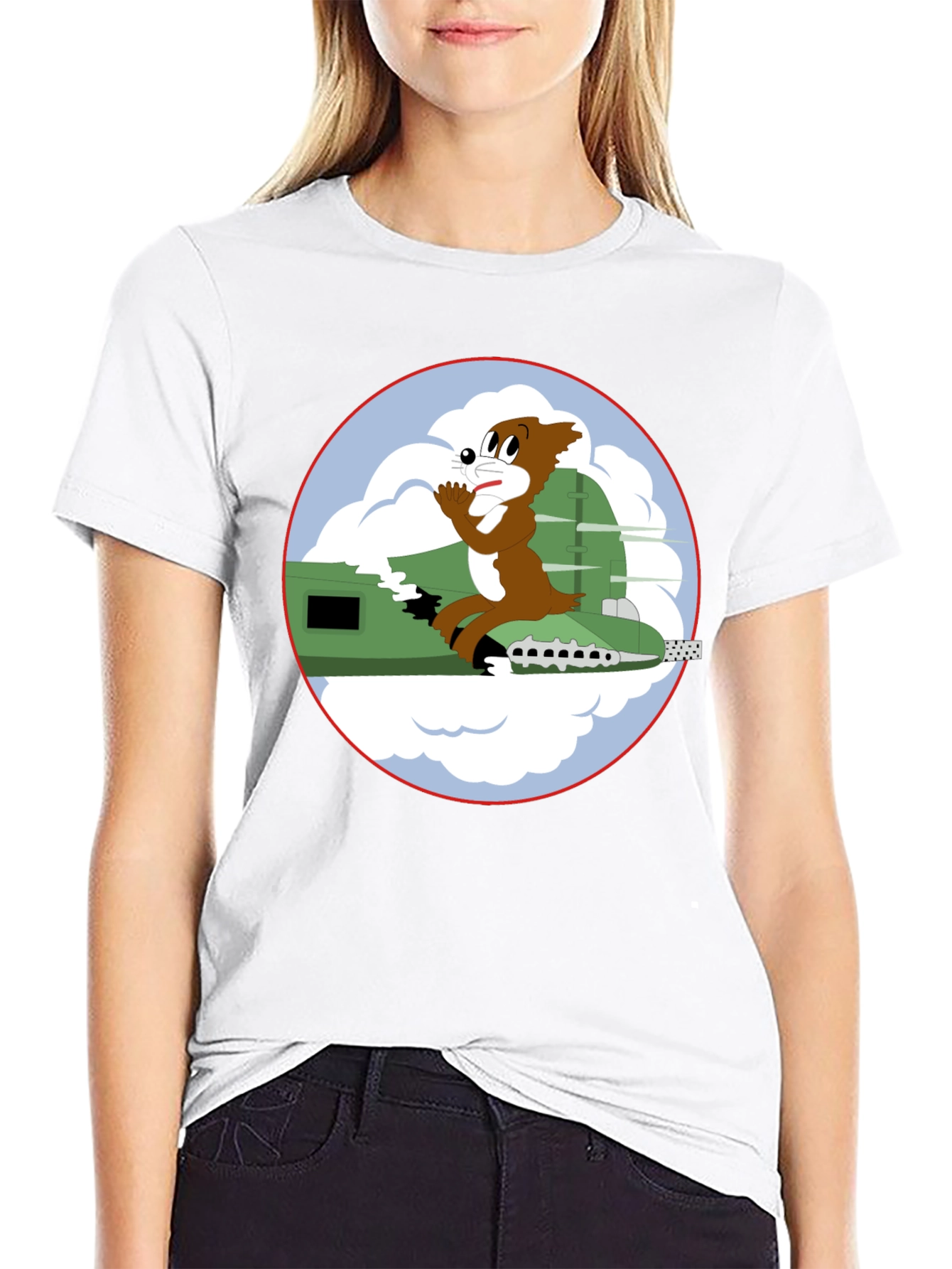 Cartoon Bomber Plane Graphic Tee - Black