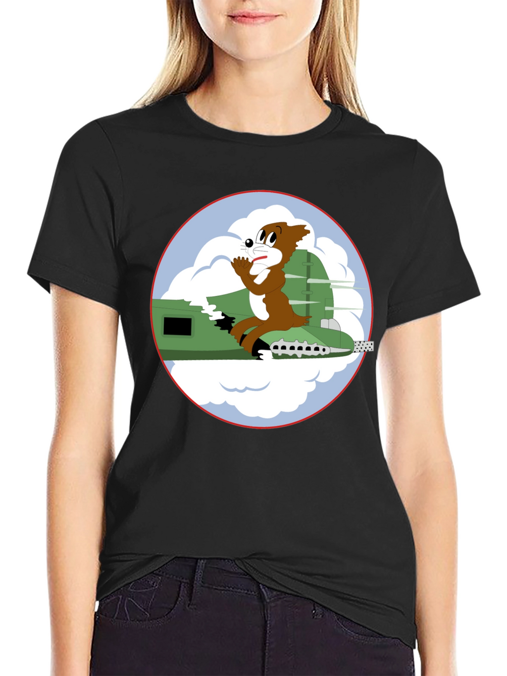 Cartoon Bomber Plane Graphic Tee - Black