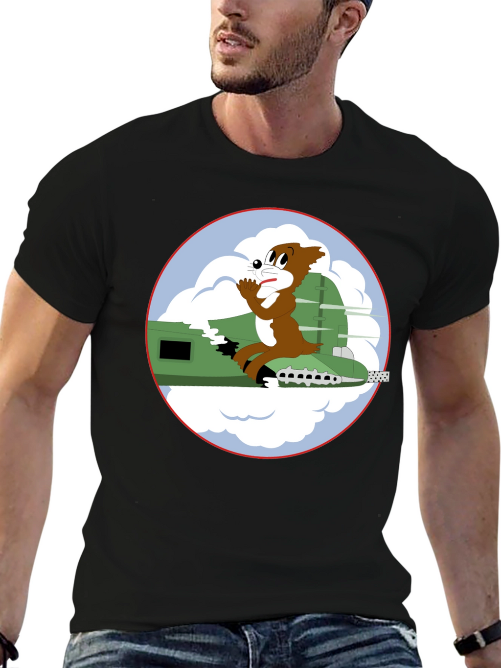 Cartoon Bomber Plane Graphic Tee - Black