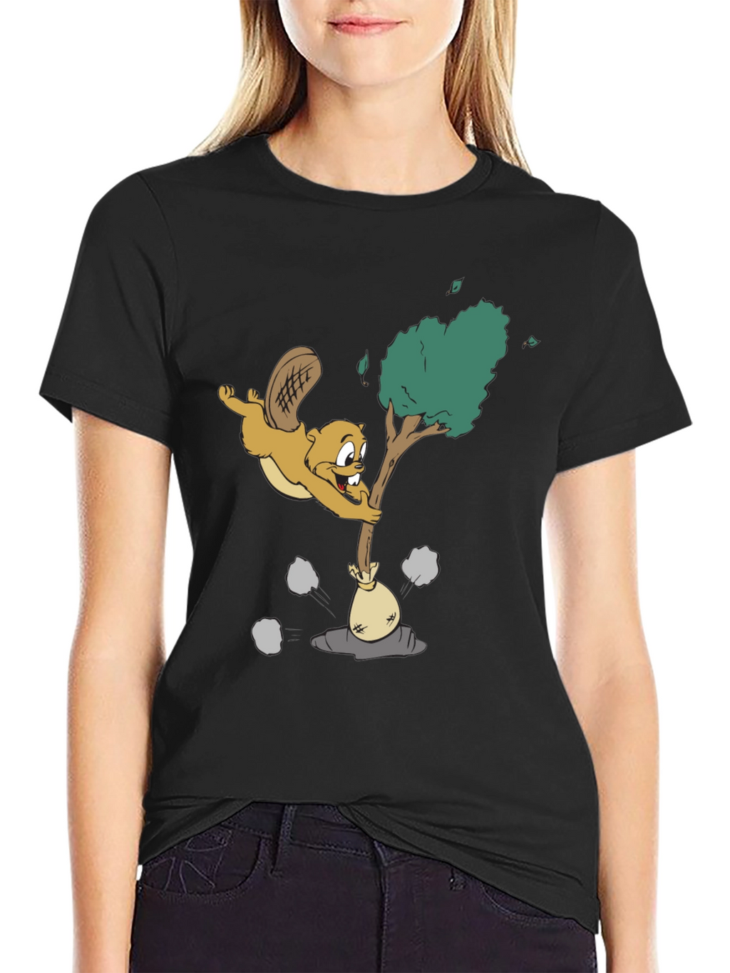 Cartoon Beaver Black T-Shirt